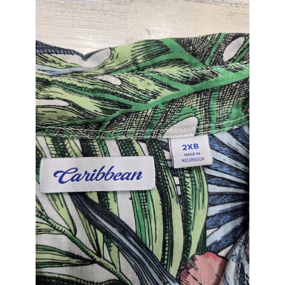 Caribbean Mens 2XB Tropical Floral Palm Print Linen Cotton Button Down Shirt - Picture 4 of 7